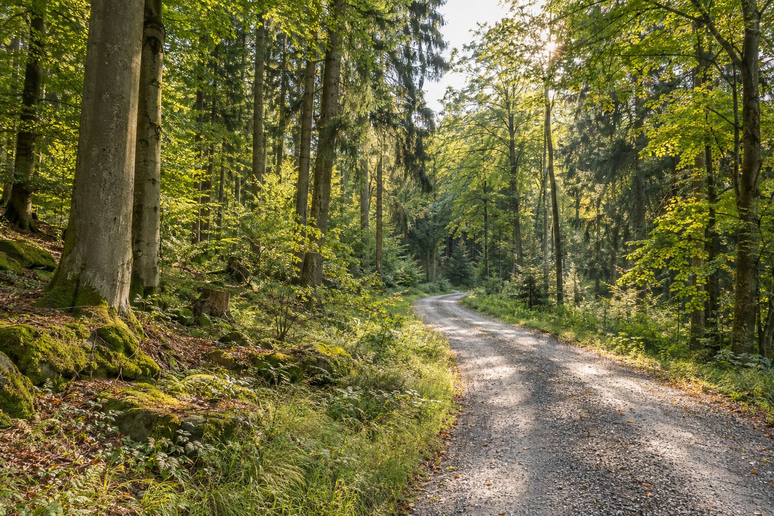 Forstweg zwischen Laub- und Nadelbäumen