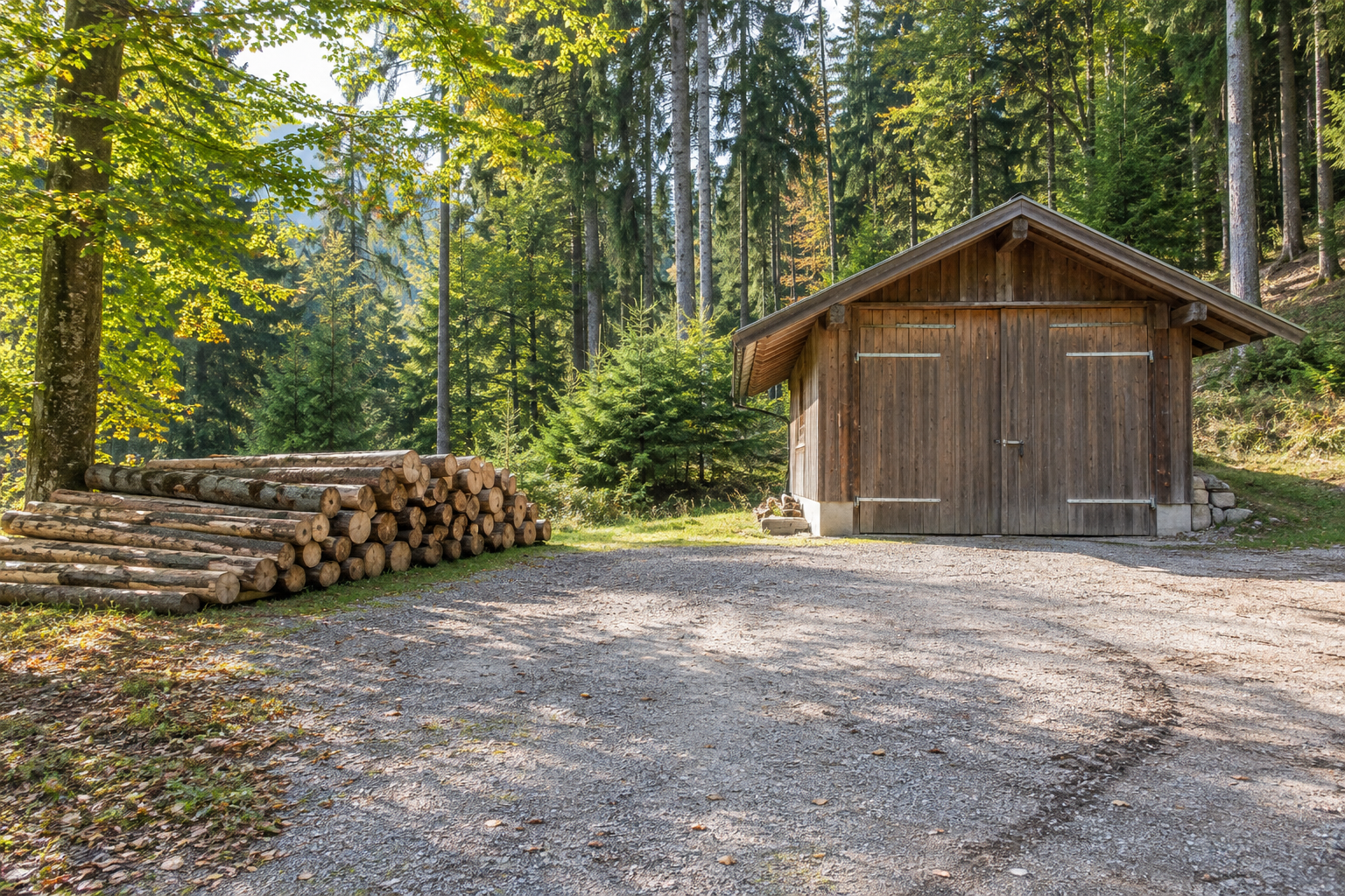 Forstschuppen mit Holzlager und befestigtem Vorplatz